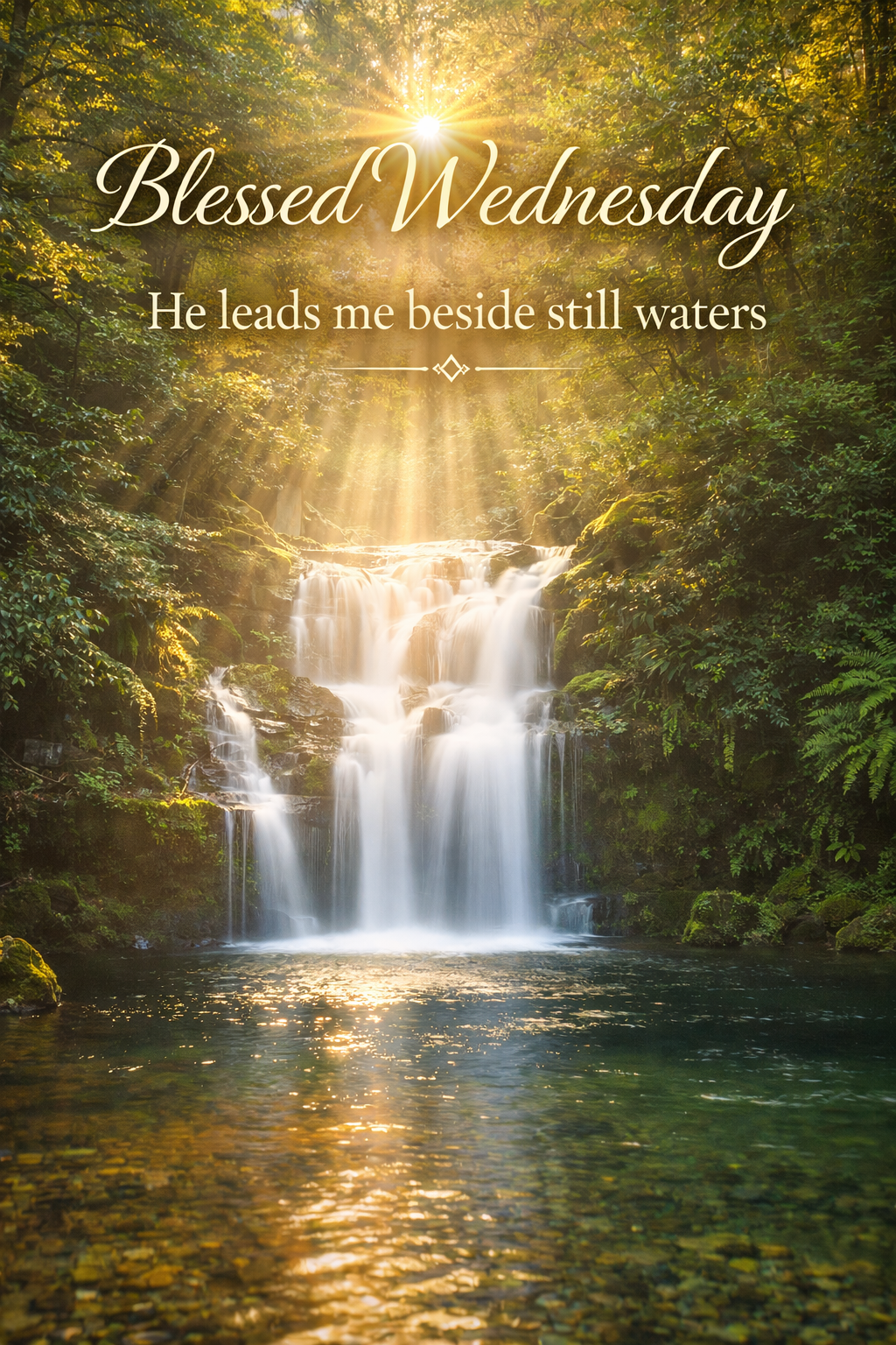 Peaceful waterfall in lush green forest, sunlight through trees, "Blessed Wednesday — He leads me beside still waters" in white — WhatsApp midweek blessing